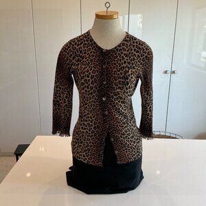 Sutton Studio, Cashmere Leopard Cardigan with Fringe 3/4 Sleeve, Size M